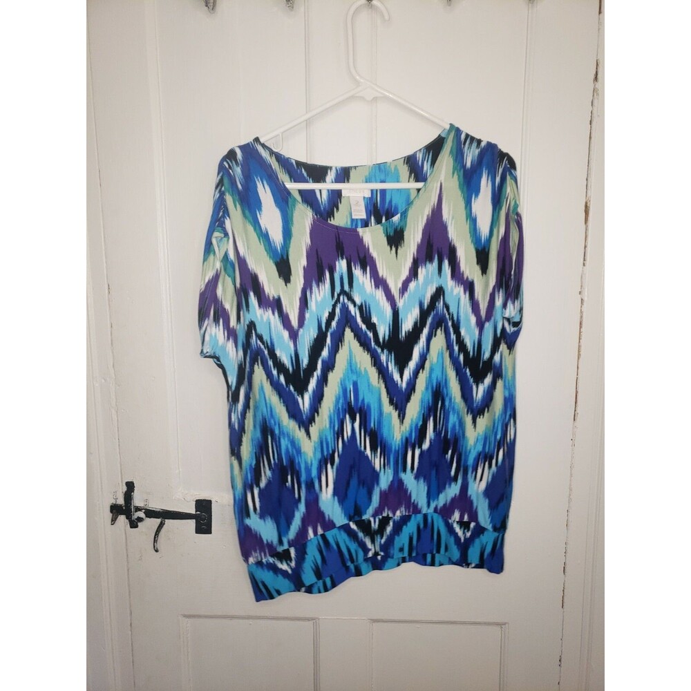 Chico's Watercolor Cap Sleeve Blouse - Size 2/Large - Blue, Black, Purple, Green